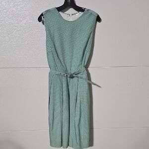 eShakti Green & White Sleeveless Belted Midi Dress
